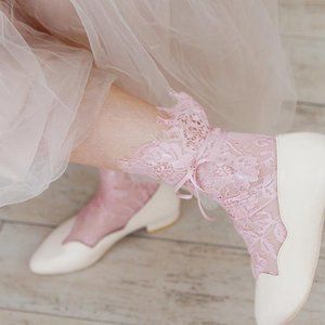 Lace Floral Tie Ribbon Socks Pink